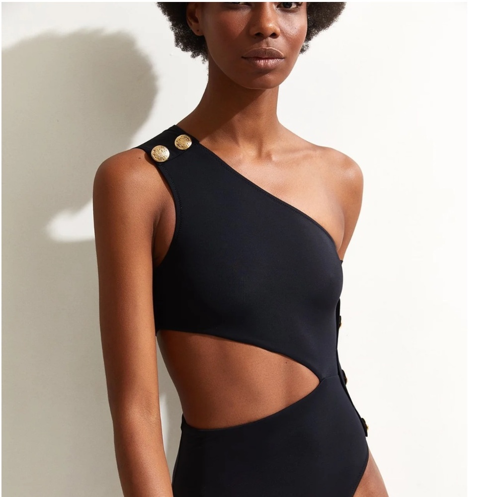OYE Swimwear/Bathing Suit RHEA with Gold Buttons One Shoulder Side Cut Out - Picture 3 of 10